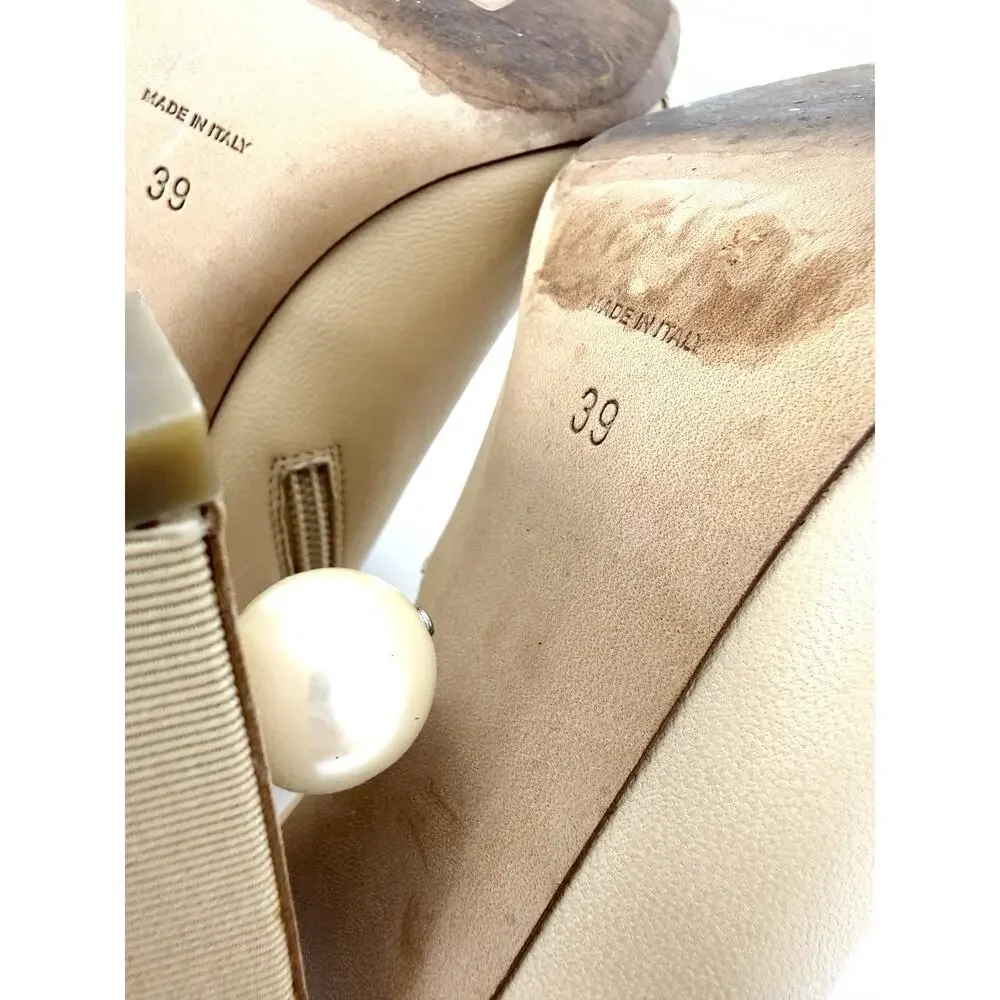 Chanel Peep Toe Bootie EU 39 US 9 Beige Nude Leather with Faux Pearl Embellish